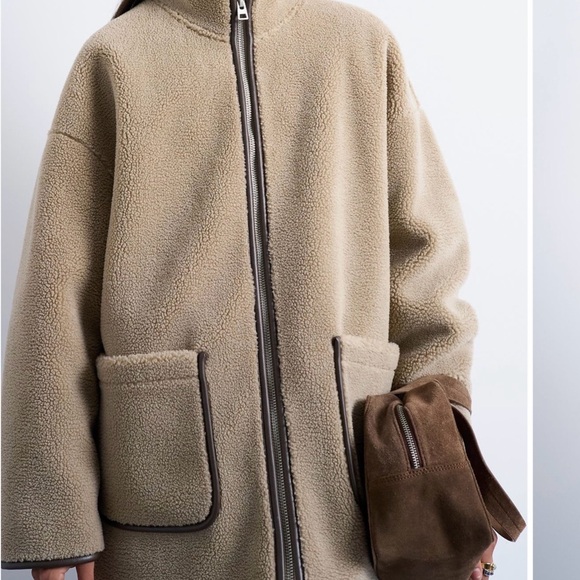 Topshop Jackets & Blazers - Topshop Taupe Sherpa Zip Coat with Contrast Trim